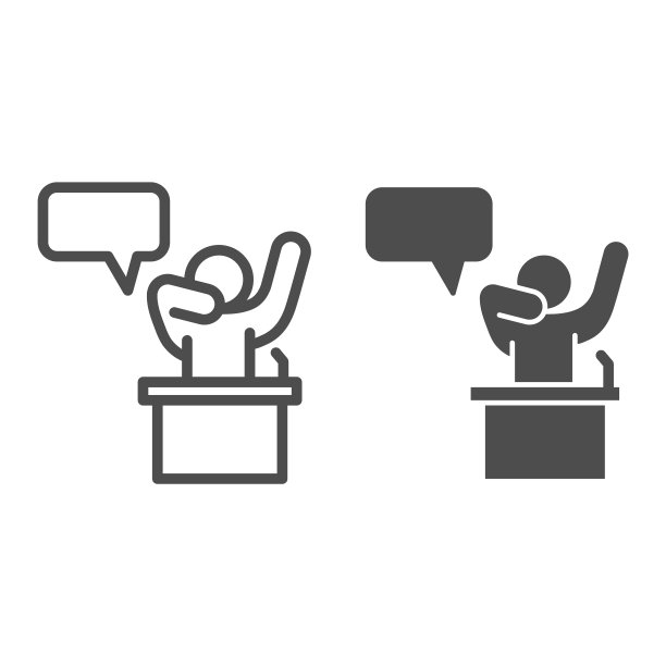 演讲人在讲台线和固体图标后呈现报告，演示概念，白色背景上带有聊天气泡和麦克风标志的演讲者，在大纲中积极讨论公共演讲图标。图片下载