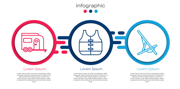 系列房车露营拖车，救生衣和日光浴床。业务信息模板。向量图片下载
