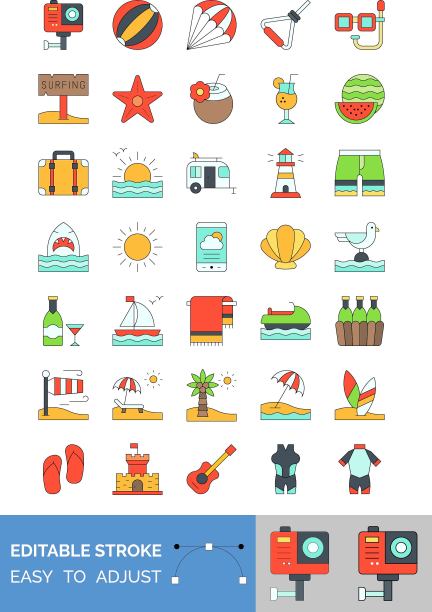 暑假相关相机，足球，吉他，酒瓶，行李，游泳服，椰子水，海星，船，西瓜，灯塔，海豚，降落伞矢量与可编辑的笔触，图片下载