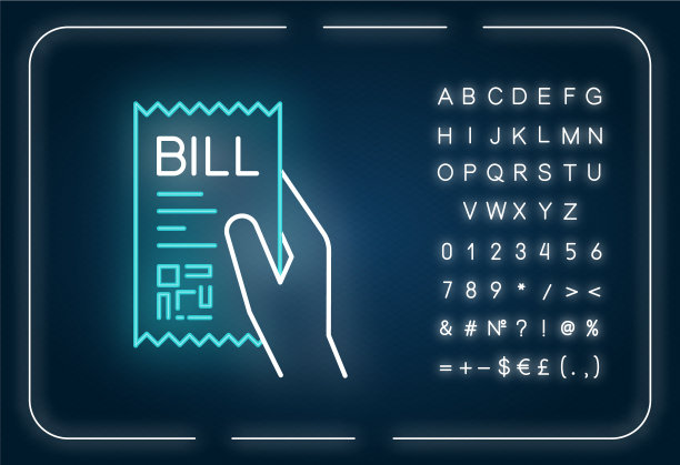 汇票上的霓虹灯图标。打印支票。付款通知。采购确认。外发光效果。用字母、数字和符号签名。矢量隔离RGB颜色插图图片下载