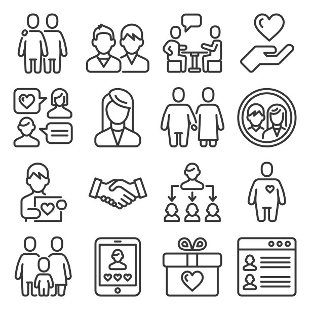 友谊和爱情关系图标设置。线型向量图片下载