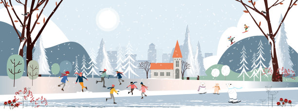 城市冬季仙境横幅矢量图：北极熊、儿童和青少年在雪地玩耍滑雪图片下载