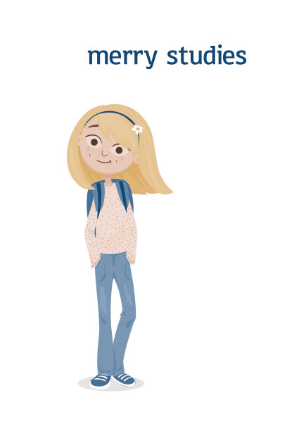 一个可爱的女生，一头黄色的头发，肩上背着蓝色的书包，穿着蓝色的牛仔裤和薄毛衣，站着微微鞠躬。向量卡通插图。孤立在白色背景上图片下载