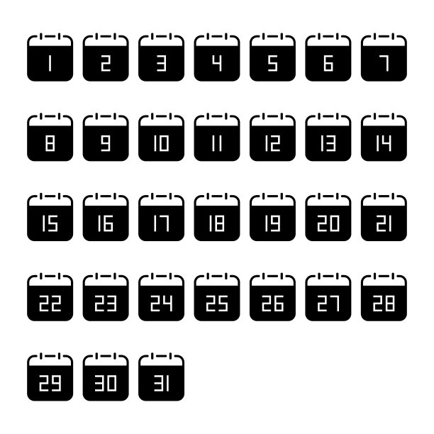 日历号1-31在白色背景上的扁平图标图片下载