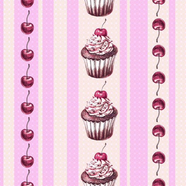 无缝图案与巧克力松饼和樱桃浆果画在水彩图片下载