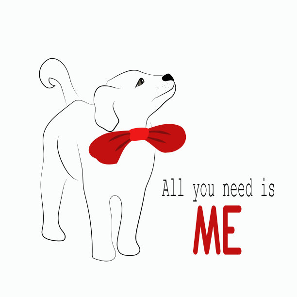 一只小狗抬头看，脖子上系着一个大大的红色蝴蝶结。矢量插图上的白色背景。字体:你只需要我。采用概念。图片下载