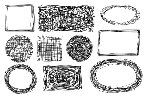 矢量素描的涂鸦铅笔。用钢笔手绘的线条。黑色的圆嘟嘟。可以画出正方形和长方形。股票的照片。向量模板。图片下载