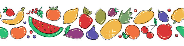 水平无缝横幅模板与新鲜的有机夏季水果和浆果在白色图片下载