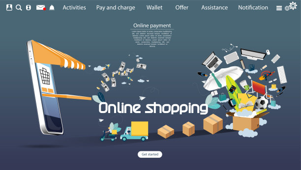 插画商业在线购物，社交网络技术，创意现代理念和概念平面设计矢量。图片下载