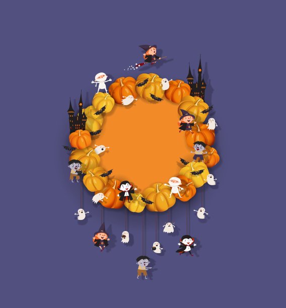 万圣节花环的南瓜，蝙蝠，女巫，吸血鬼，幽灵，僵尸，妈妈，城堡图片下载