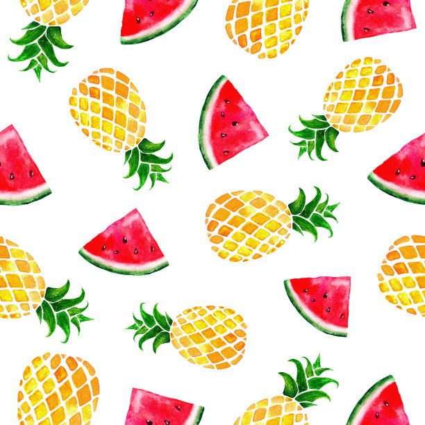 手绘无缝模式与水彩菠萝和西瓜片图片下载