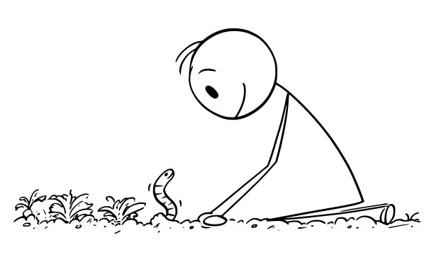 矢量卡通插图的园丁或农民看土方工程或露珠虫在田野或花园床图片下载