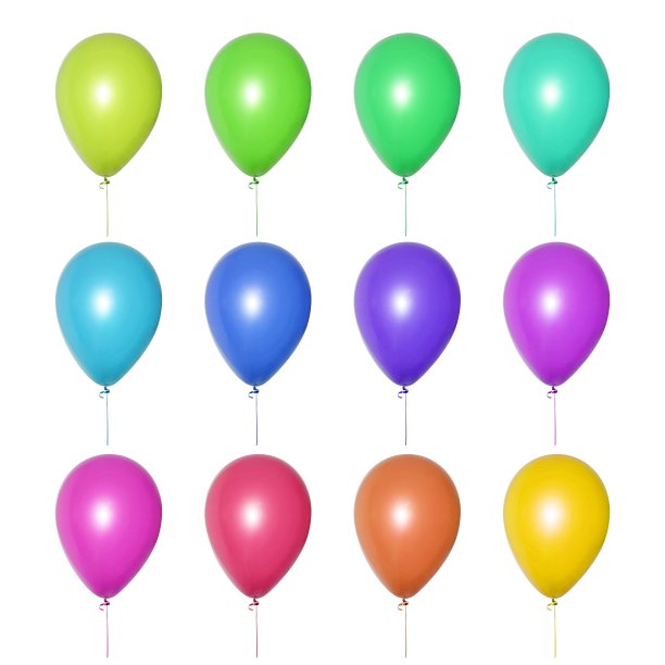 一套明亮的五颜六色的各种颜色的气球，排列成三排。图片下载