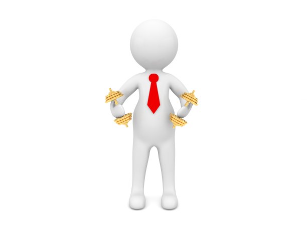 3d角色与金色哑铃在白色的背景。图片下载