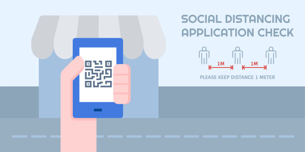 社交距离应用在线查询前，得到商店矢量插图设计。图片下载