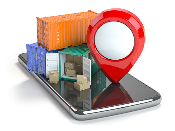 智能手机与货物集装箱和别针隔离在白色。送货服务应用。图片下载