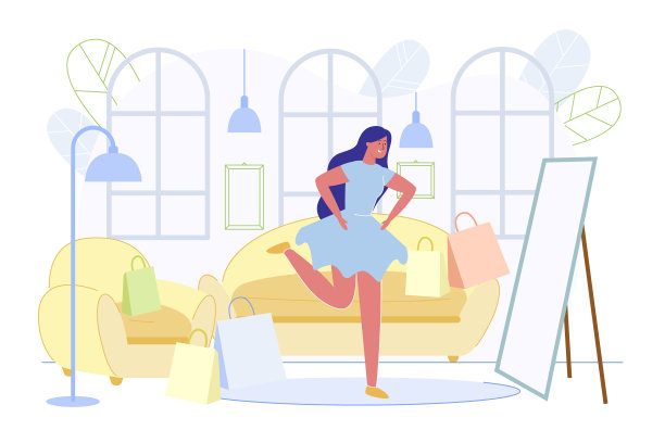 购物后，女孩在镜子旁试穿衣服图片下载