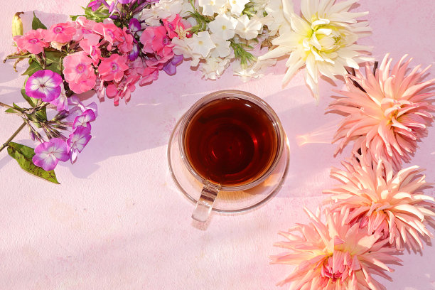 抽象创意花卉背景，花茶和夹竹桃，简约的节日概念。贺卡motherâ的日子，生日快乐，婚礼，图片下载