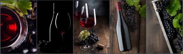 酒拼贴画。红酒酒瓶和酒杯在不同的背景下，照片拼贴横幅图片下载