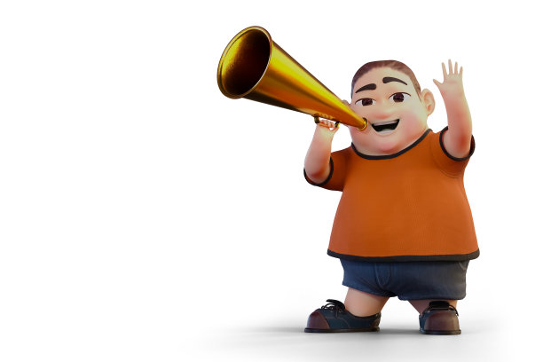 可爱的胖男孩喊进金色复古扩音器的3d渲染，孤立在白色背景与剪切路径。图片下载