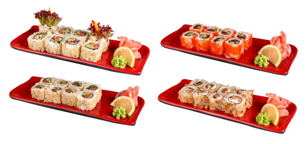 一套寿司卷在红色的盘子在白色的背景图片下载