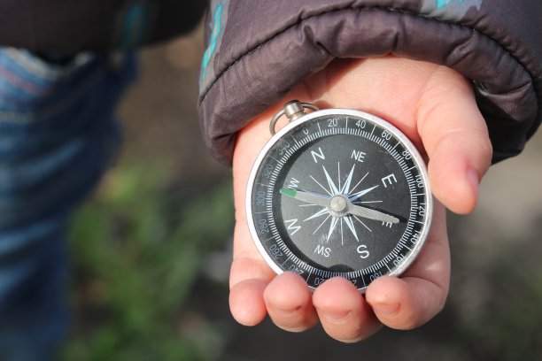 经典导航罗盘在儿童手中自然的背景图片下载