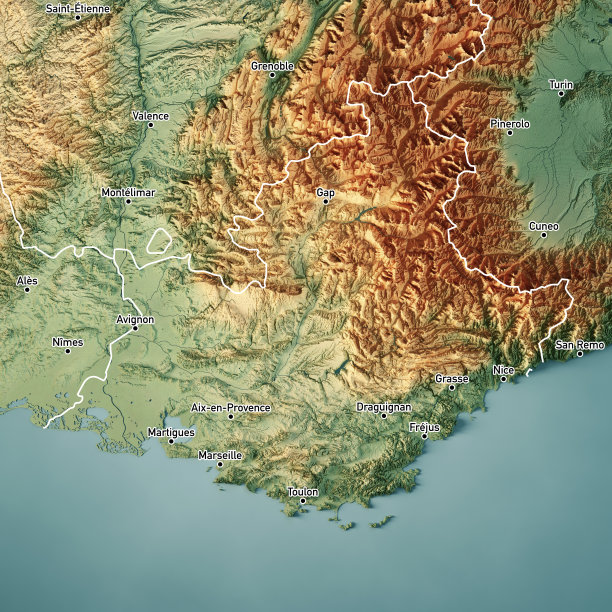 普罗旺斯阿尔卑斯海岸的蓝色3D渲染地形图颜色边境城市图片下载