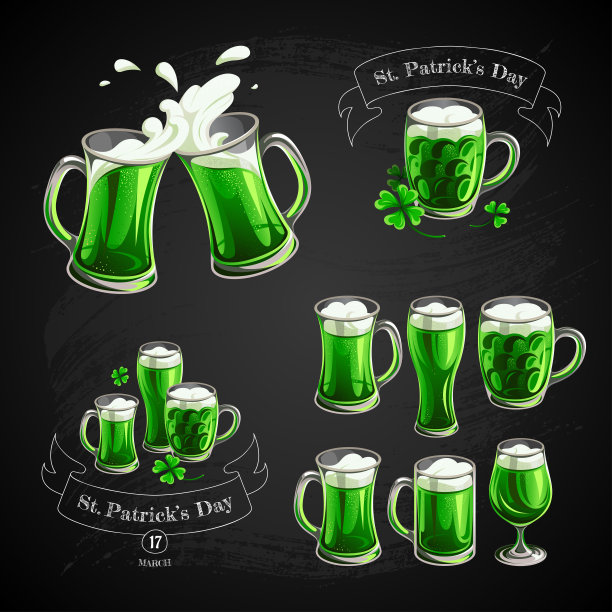 圣巴特里克节。插图与文字和玻璃祝酒杯与绿色啤酒在黑色的背景。欢呼声啤酒眼镜。图片下载