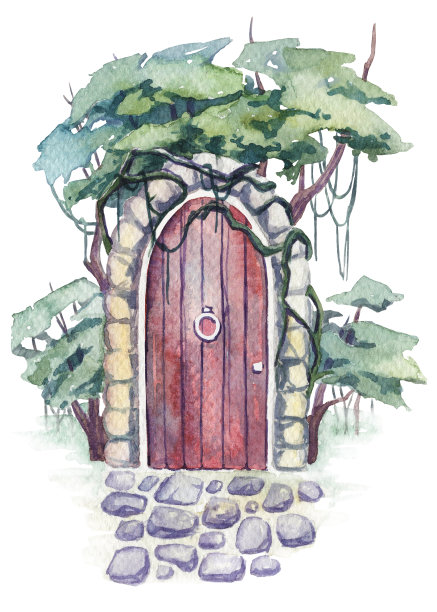 树林里废弃的门的水彩画。概念说明图片下载