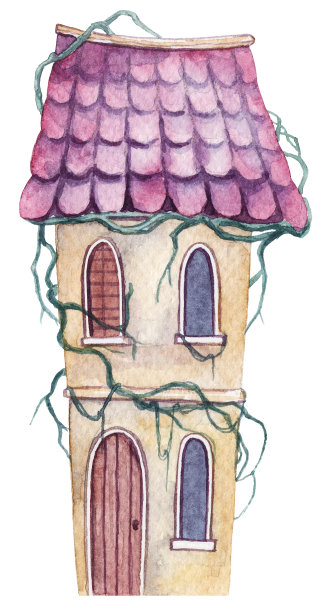 水彩手绘的废弃小屋与常春藤。手绘鬼屋图片下载