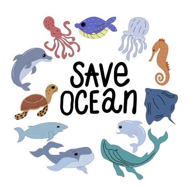 一套海洋动物与文字-拯救海洋，在白色背景矢量图形，卡通风格。用于设计明信片、动物海报、笔记本封面、枕头、杯子上的印刷品图片下载