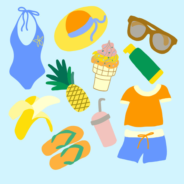 一组海滩的东西和水果在矢量图形上的蓝色背景。用于设计明信片、海报、夏季插图、封面、包装纸图片下载