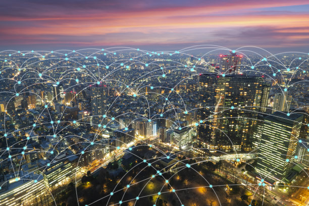 无线通信网络在亚洲大城市的概念。摘要日本金融区互联网络的背景图片下载