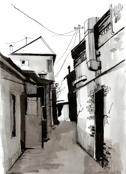 狭窄的街道和破旧的建筑物的城市景观。手绘草图图片下载