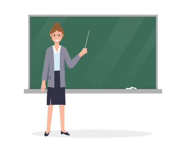 在教室里，年轻的老师拿着教鞭靠近黑板。矢量插图上的白色背景。图片下载