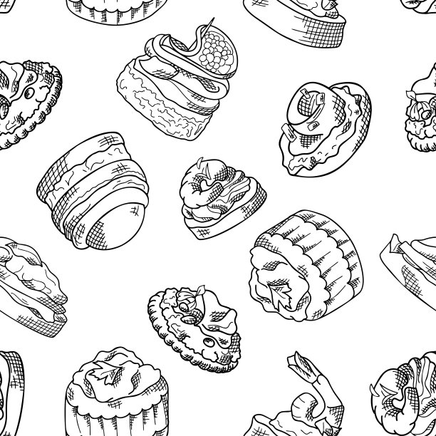 无缝模式与手指食物。素描风格重复背景。意式烤面包、三明治、小点心和西班牙小吃。矢量图图片下载
