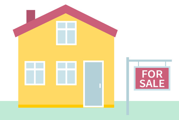 待售的房子。房地产的经营理念与房屋。有信息的房子和招牌。矢量插图在平面风格。图片下载