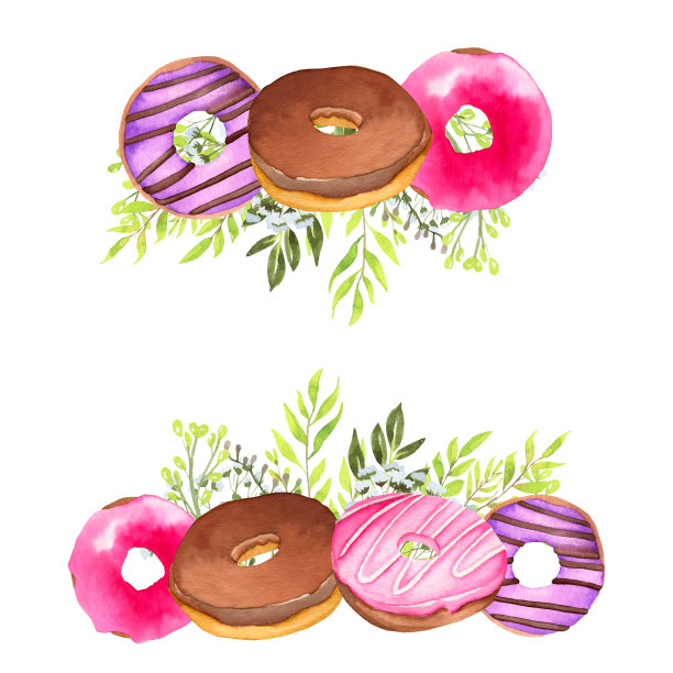甜甜圈和树叶的水彩画。彩釉春叶甜甜圈图片下载