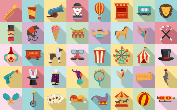 马戏团图标设置扁平风格图片下载