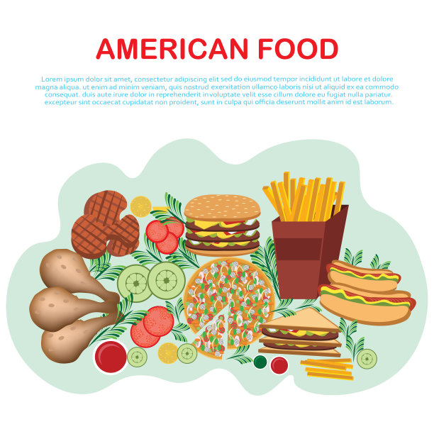 美国的食物。一套快餐。披萨、汉堡、热狗、芝士汉堡、炸薯条、油炸圈饼、炸鸡腿、有轮廓贴纸图片下载