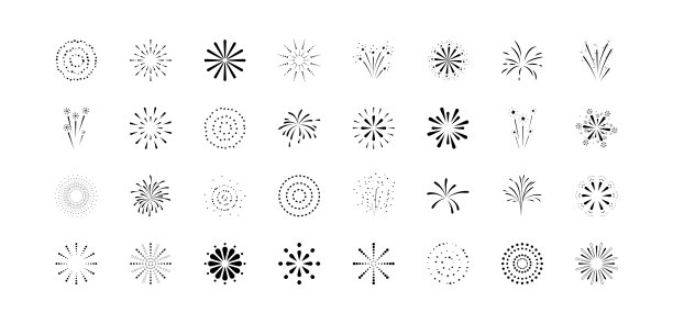 巨大的黑色烟花图标。收集鞭炮设计的白色背景。用于新年节日和庆祝活动。矢量插图。图片下载