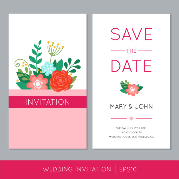 彩色婚礼邀请与鲜花，矢量保存的日期卡图片下载