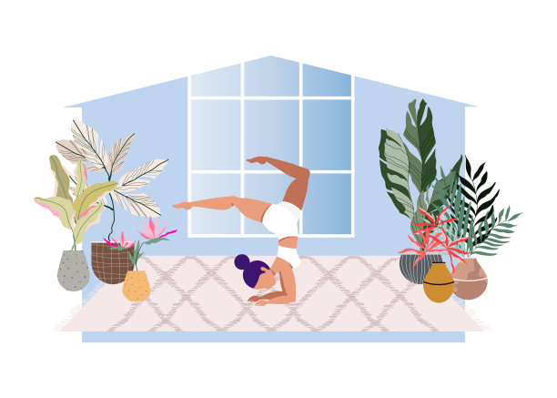 女孩做瑜伽。一个女人在客厅里做瑜伽的现代插画。房子的轮廓。美丽的当代室内设计。舒适的生活和自我隔离的概念。隔离。图片下载