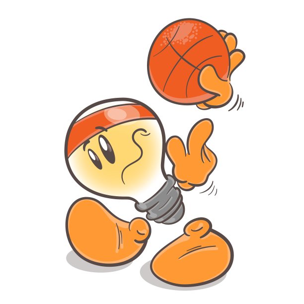 篮球运动员。情感人物卡通灯泡。在白色背景上。向量图片下载
