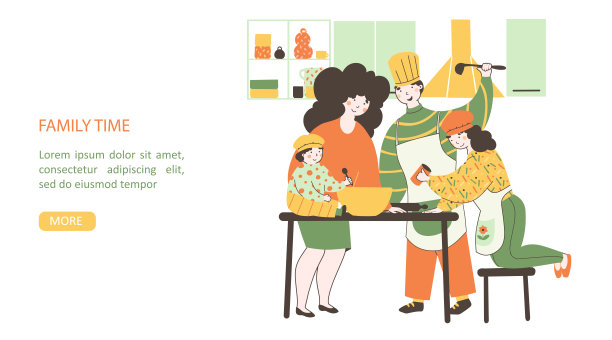 全家一起做饭，平面矢量登陆页面模板。家庭房子矢量插图。图片下载