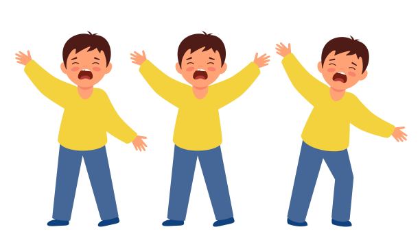 小孩哭了起来。男孩子们又淘气又尖叫。白色背景上的扁平样式字符。图片下载