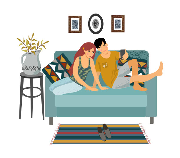 呆在家里。一对年轻夫妇坐在沙发上，在白色背景上自拍。矢量平面插图。图片下载