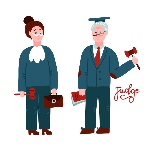 两个法官，一个是女人，一个是男人。法院工作人员穿着法官袍，拿着书和蜂鸣器。法律公正专业的职业理念。手绘字符全长孤立。平面向量插图。图片下载