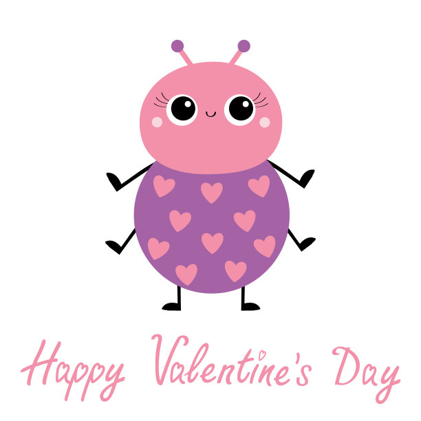 情人节快乐。卡通甲壳虫。昆虫的动物。粉色的心。可爱可爱的微笑婴儿角色。夫人bug。瓢虫儿童教育卡。白色背景。孤立。平面设计。图片下载