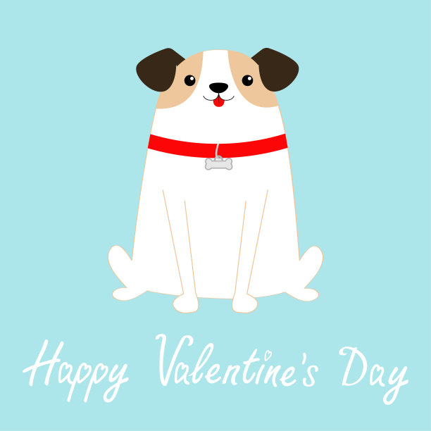 情人节快乐。狗坐着。白色的小狗狗。红色的锁骨。可爱的卡通卡哇伊有趣的婴儿角色。平面设计风格。帮助无家可归的动物收养我。宠物收养。蓝色背景。图片下载